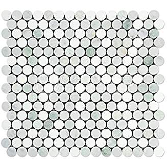 Thassos White Greek Marble Penny Round Mosaic Tile with Ming Green, Polished - Tilefornia