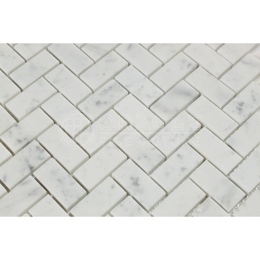 Tilefornia Carrara White Italian (Bianco Carrara) Marble 1 X 2 Herringbone Mosaic Tile, Polished - Tilefornia