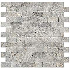 Silver Travertine 1 X 2 Brick Mosaic Tile, Split-Faced (6" X 6" Sample) - Tilefornia