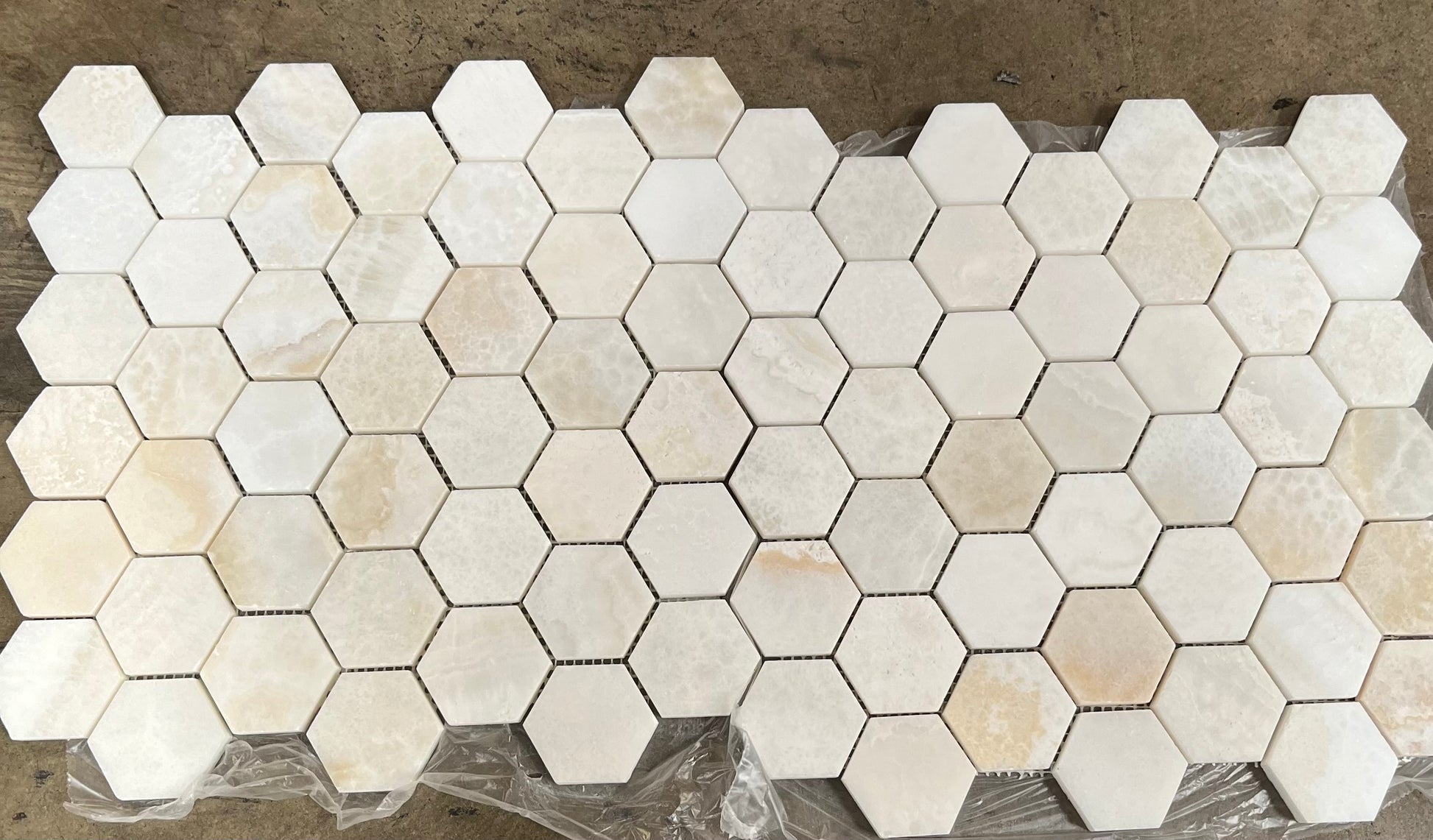 White Onyx (Bianco Fantastico) 2 Inch Hexagon Mosaic Tile, CROSS-Cut, Polished - Tilefornia