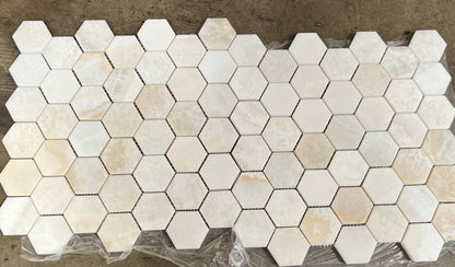 White Onyx (Bianco Fantastico) 2 Inch Hexagon Mosaic Tile, CROSS-Cut, Polished - Tilefornia