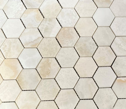White Onyx (Bianco Fantastico) 2 Inch Hexagon Mosaic Tile, CROSS-Cut, Polished - Tilefornia