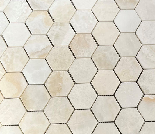 White Onyx (Bianco Fantastico) 2 Inch Hexagon Mosaic Tile, CROSS-Cut, Polished - Tilefornia