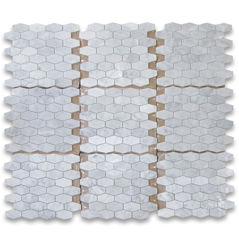 Carrara White Italian Carrera Marble Elongated Hexagon Mosaic Tile 1-1/4x3 Honed - Tilefornia