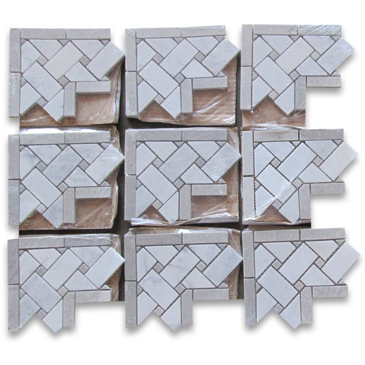 Carrara White Italian Carrera Marble Basketweave Mosaic Corner Gray Dots 4 x 4 Honed - Tilefornia