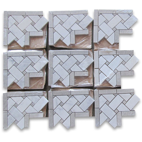 Carrara White Italian Carrera Marble Basketweave Mosaic Corner Gray Dots 4 x 4 Honed - Tilefornia