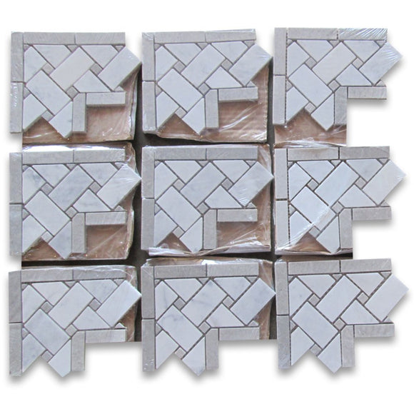 Carrara White Italian Carrera Marble Basketweave Mosaic Tile Gray Dots 1 x 2 Honed - Tilefornia