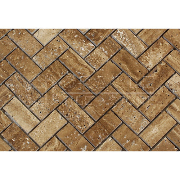 Noce Vein-Cut Travertine Herringbone (1 X 2) Mosaic Tile, Brushed & Unfilled (SAMPLE) - Tilefornia