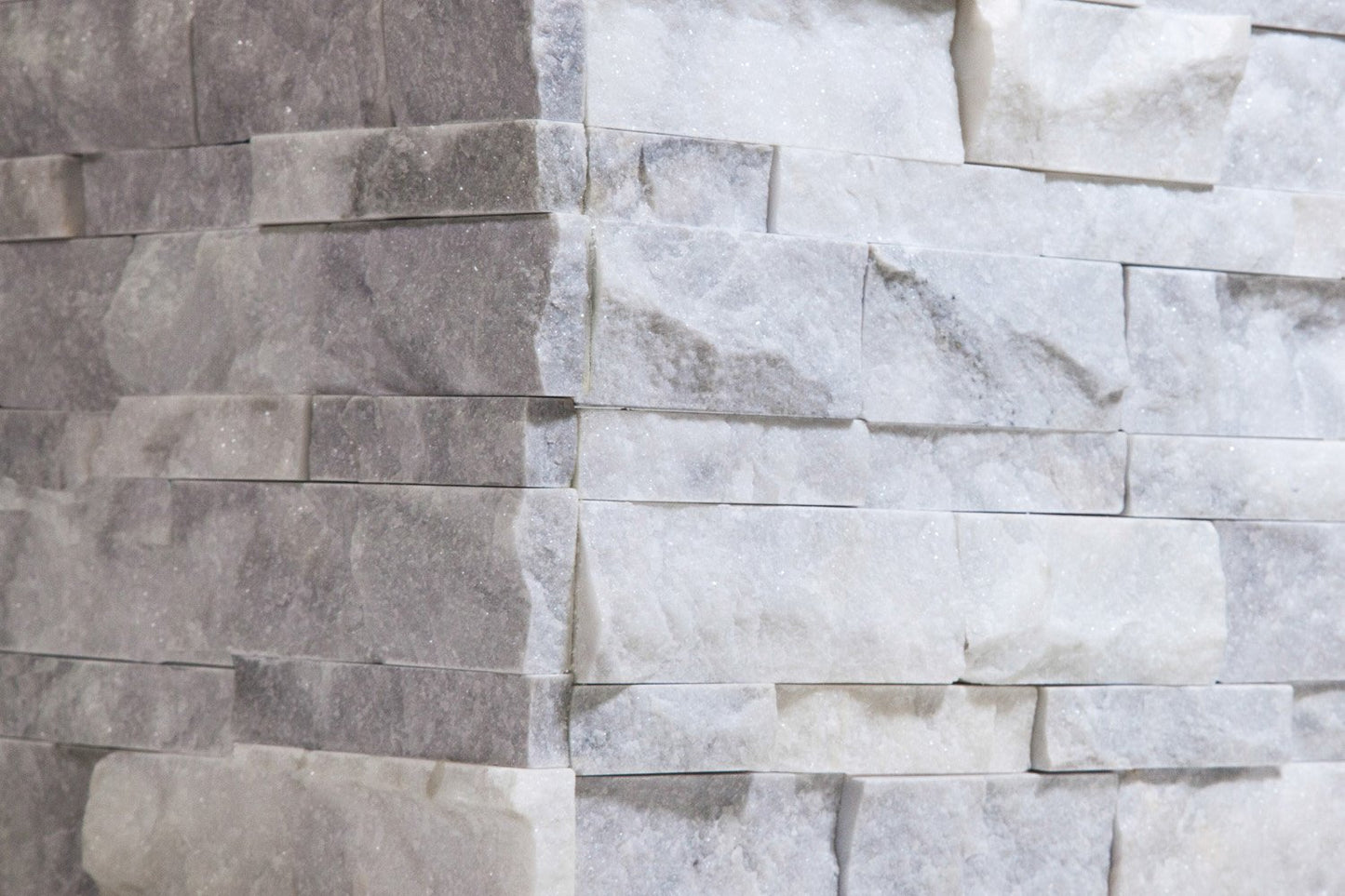 Bianco Venato Marble Stacked Ledger Wall Panel Tile Corner, Split-faced (5 PCS.) - Tilefornia