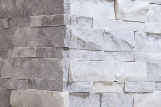 Bianco Venato Marble Stacked Ledger Wall Panel Tile Corner, Split-faced (5 PCS.) - Tilefornia