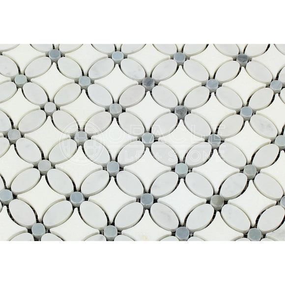 Carrara White Italian (Bianco Carrara) Marble Florida Flower Mosaic Tile with Blue & Gray Marble Dots, Honed - Tilefornia