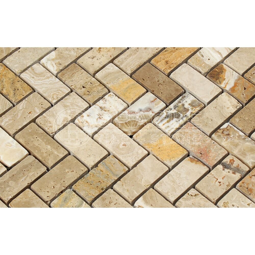 Valencia Travertine Herringbone (1 X 2) Mosaic Tile, Tumbled (LOT of 50 SHEETS) - Tilefornia