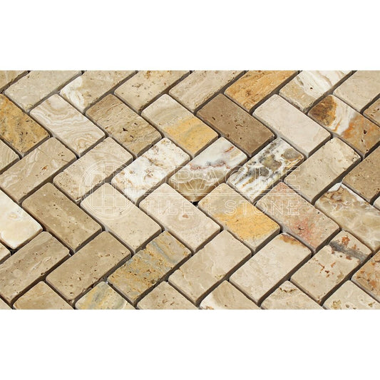 Valencia Travertine Herringbone (1 X 2) Mosaic Tile, Tumbled (LOT of 50 SHEETS) - Tilefornia