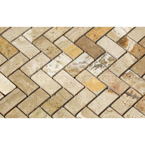 Valencia Travertine Herringbone (1 X 2) Mosaic Tile, Tumbled (6" X 6" Sample) - Tilefornia