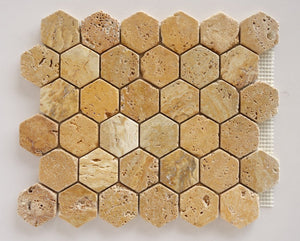 Gold / Yellow Travertine 2 inch Tumbled Hexagon Mosaic Tile STANDARD QUALITY - Lot of 10 Sheets - Tilefornia