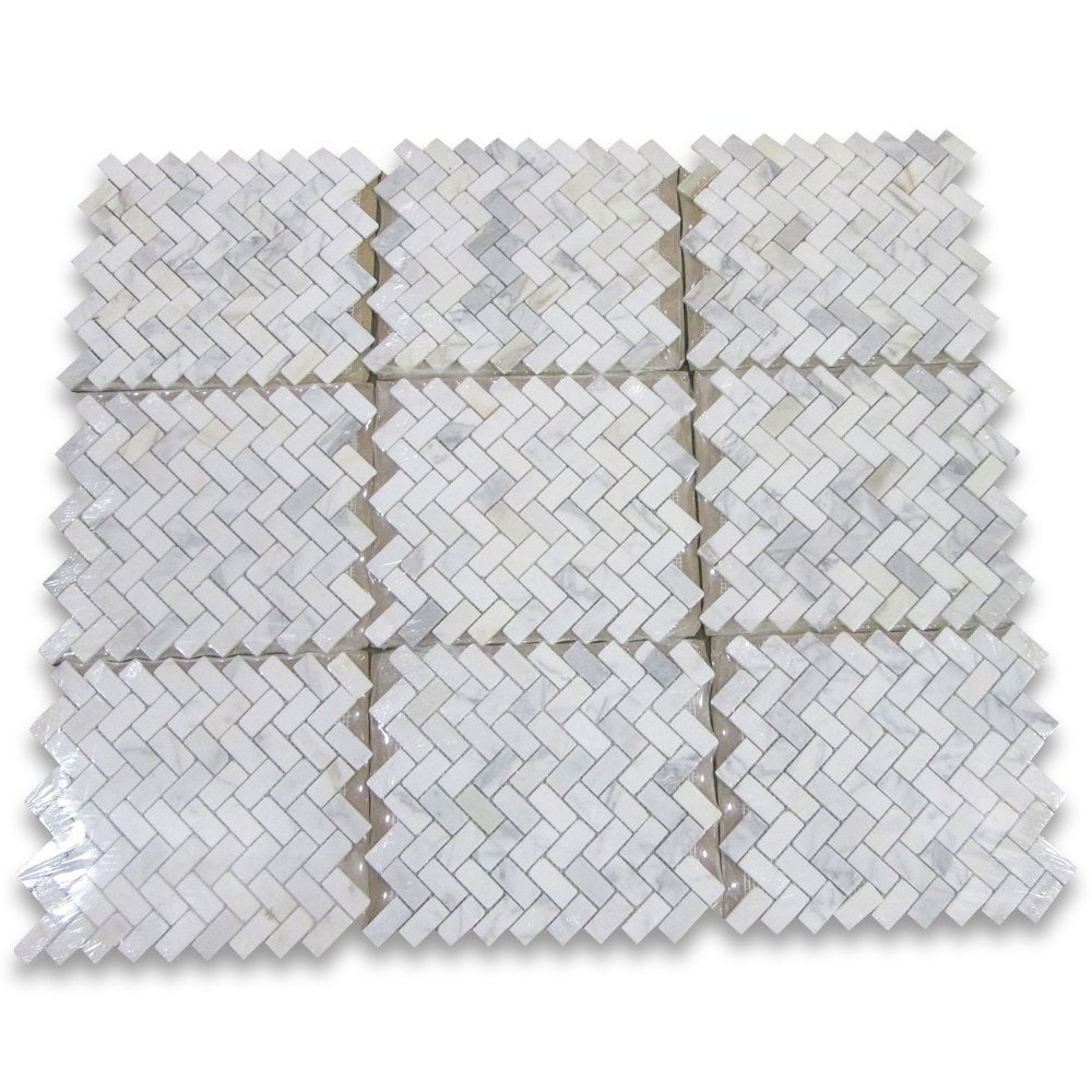 Calacatta Gold Italian Calcutta Marble Herringbone Mosaic Tile 1 x 2 Tumbled - Tilefornia