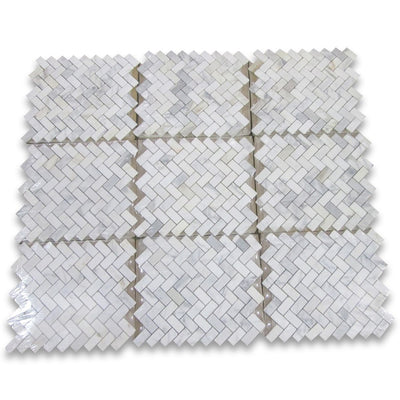 White Calacatta Gold Marble Herringbone Mosaic Tile 1x2, Tumbled