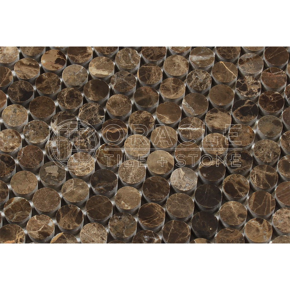 Emperador Dark Spanish Marble Penny Round Mosaic Tile, Polished - Tilefornia