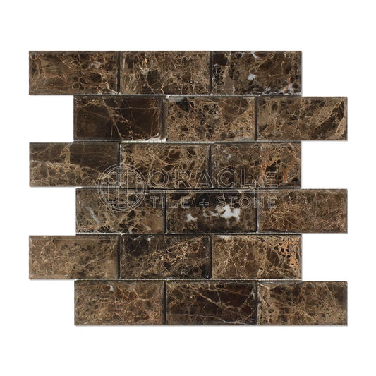 Emperador Dark Spanish Marble 2 X 4 Brick Mosaic Tile, Polished and Deep Beveled - Tilefornia