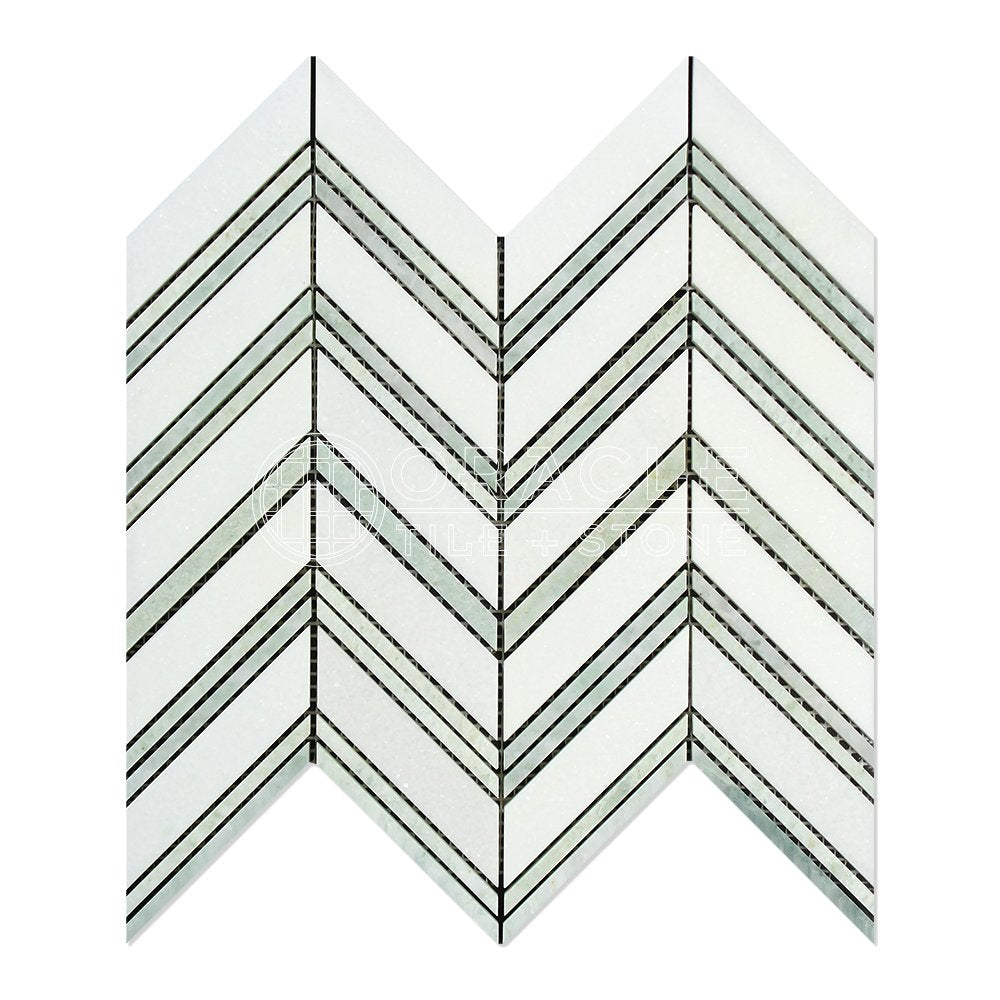 Thassos White Greek Marble Chevron Large (Ming Green Strips) Mosaic Tile, Honed - Tilefornia