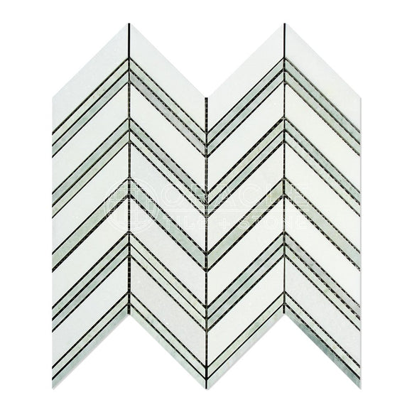 Thassos White Greek Marble Chevron Large (Ming Green Strips) Mosaic Tile, Honed - Tilefornia