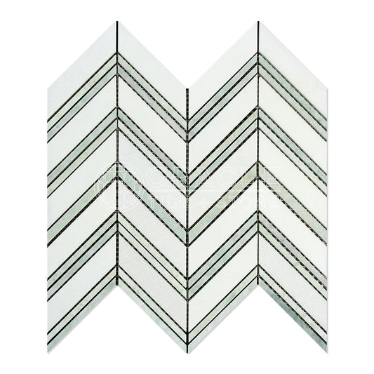 Thassos White Greek Marble Chevron Large (Ming Green Strips) Mosaic Tile, Polished - Tilefornia