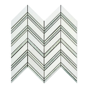 Thassos White Greek Marble Chevron Large (Ming Green Strips) Mosaic Tile, Polished - Tilefornia