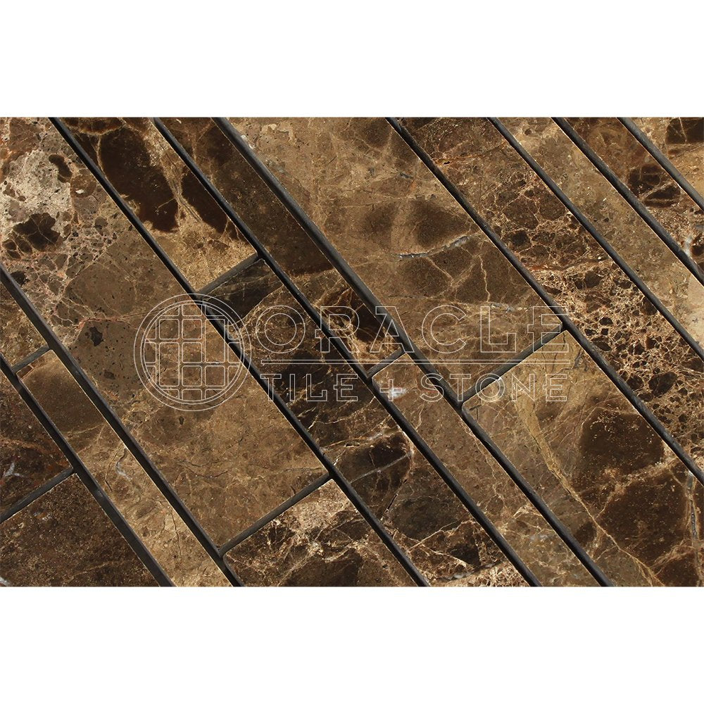 Emperador Dark Spanish Marble Random Strip Mosaic Tile, Polished - Tilefornia