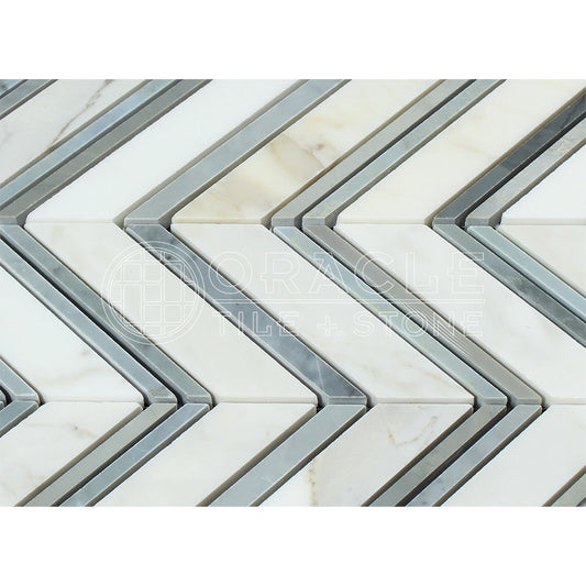 Calacatta Gold (Italian Calcutta) Marble Large Chevron Mosaic Tile with Blue & Gray Marble Strips, Polished - Tilefornia