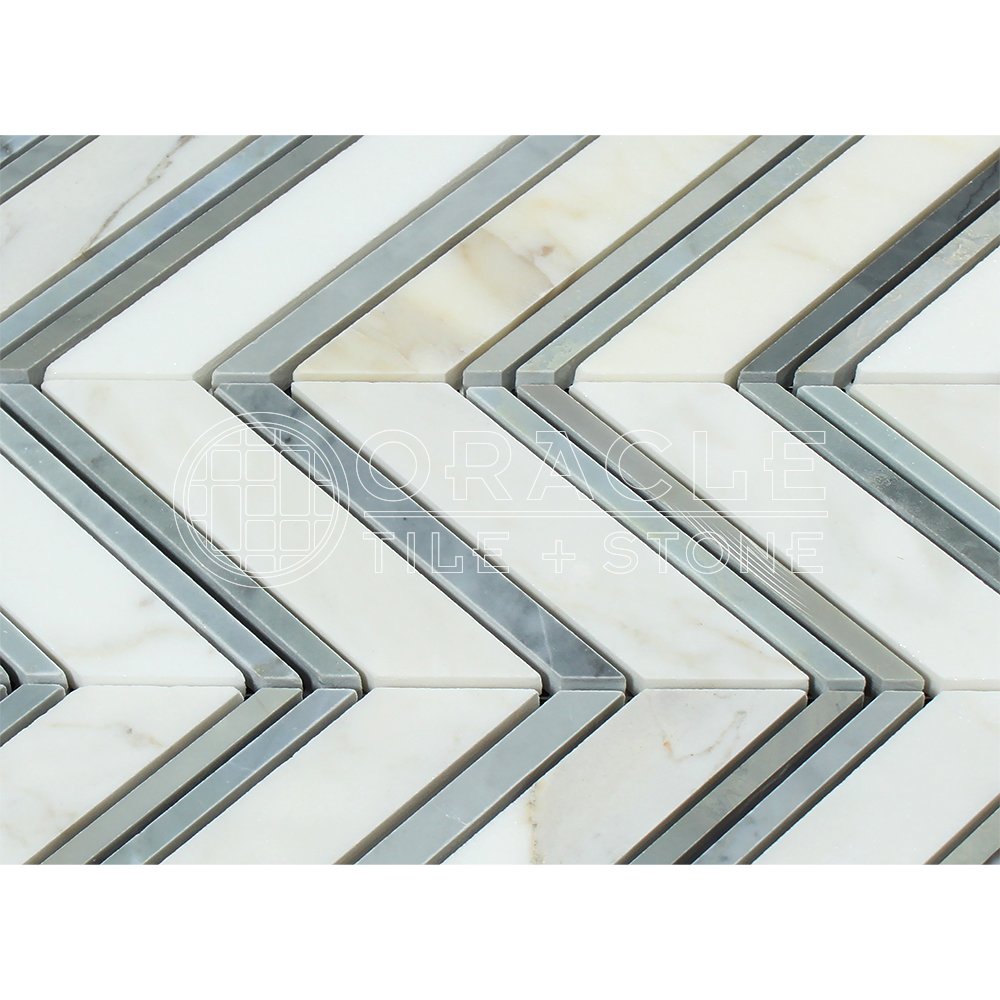 Calacatta Gold (Italian Calcutta) Marble Large Chevron with Blue & Gray Marble Strips, Honed - Tilefornia