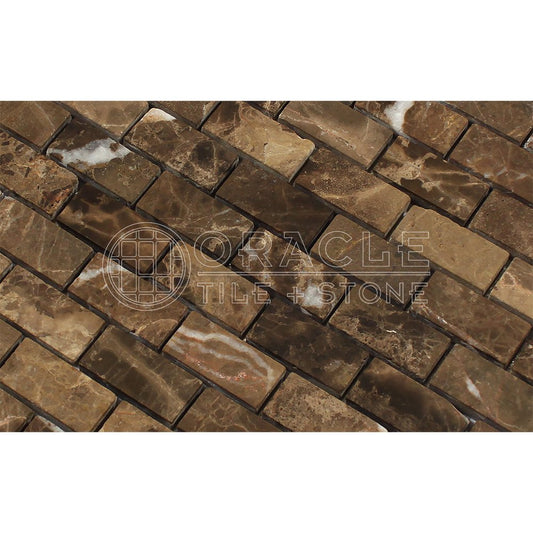Emperador Dark Spanish Marble 1 X 2 Brick Mosaic Tile, Tumbled - Tilefornia