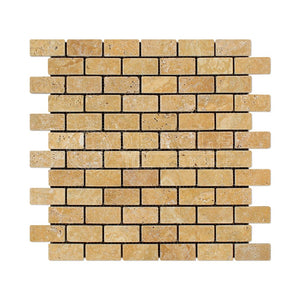 Gold (Yellow) Travertine 1 X 2 Brick Mosaic Tile, Tumbled - Tilefornia