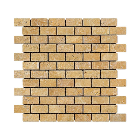 Gold (Yellow) Travertine 1 X 2 Brick Mosaic Tile, Tumbled - Tilefornia