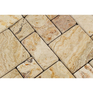Valencia Travertine 3-Pieced Mini-Pattern Mosaic Tile, Tumbled (Small Sample) - Tilefornia