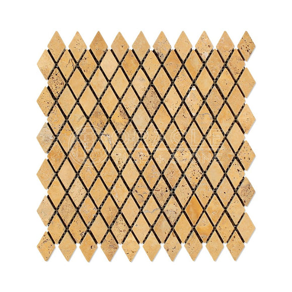 Gold (Yellow) Travertine 1 X 2 Diamond (Rhomboid) Mosaic Tile, Tumbled - Tilefornia