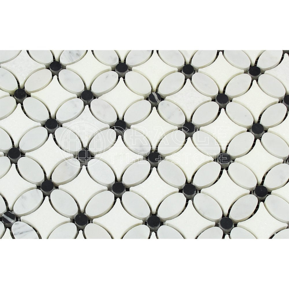 Carrara White Italian (Bianco Carrara) Marble Florida Flower Mosaic Tile with Black Marble Dots, Honed - Tilefornia