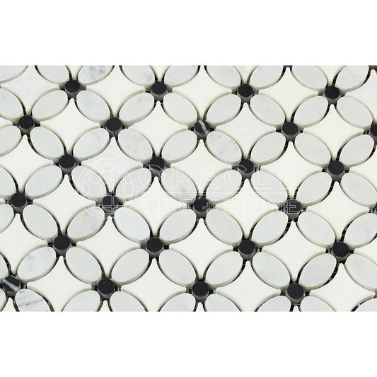 Carrara White Italian (Bianco Carrara) Marble Florida Flower Mosaic Tile with Black Marble Dots, Honed - Tilefornia