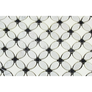 Carrara White Italian (Bianco Carrara) Marble Florida Flower Mosaic Tile with Black Marble Dots, Polished - Tilefornia