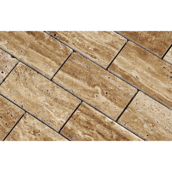 Noce Vein-Cut Travertine 2 X 4 Brick Mosaic Tile, Polished (LOT of 50 SHEETS) - Tilefornia