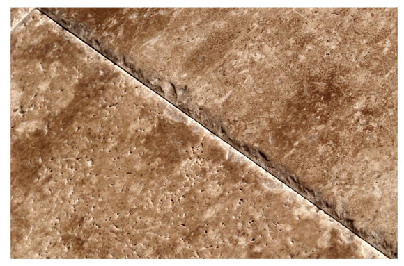 Chocolate Travertine Versailles / Ashlar Pattern Tiles, Unfilled / Brushed & Chiseled (Small Sample) - Tilefornia