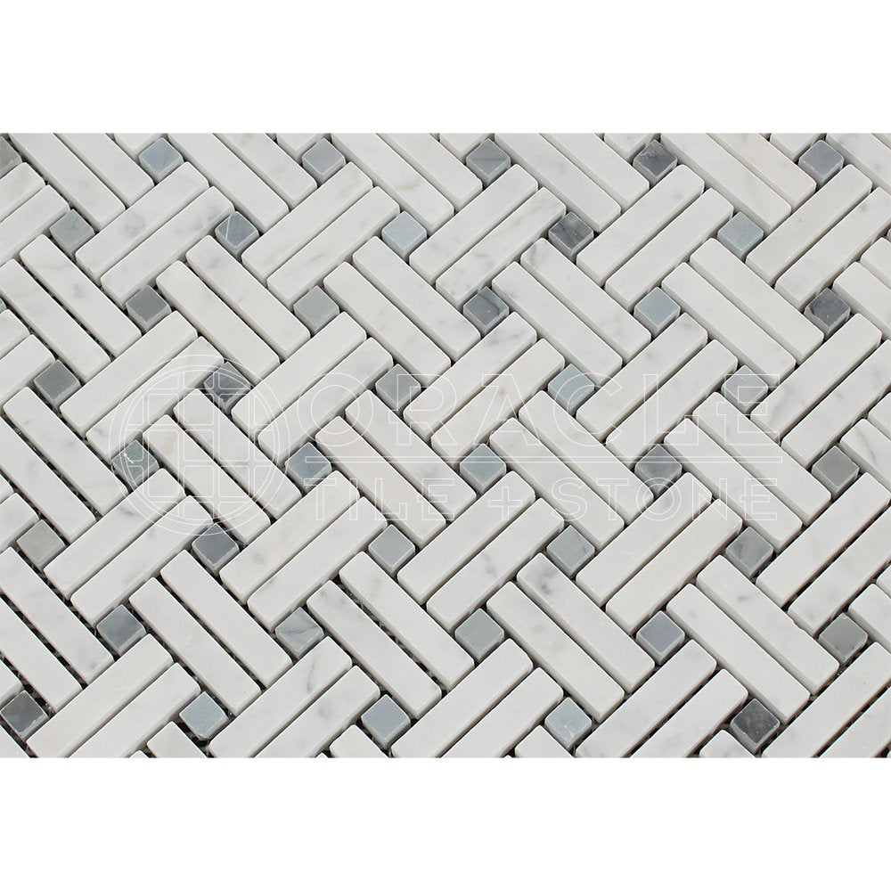 Carrara White Italian (Bianco Carrara) Marble Stanza Mosaic Tile (Blue & Gray Marble Dots, Honed) - Tilefornia