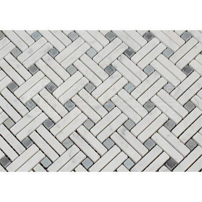 Carrara White Italian (Bianco Carrara) Marble Stanza Mosaic Tile (Blue & Gray Marble Dots, Honed) - Tilefornia