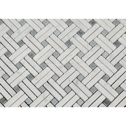 Carrara White Italian (Bianco Carrara) Marble Stanza Mosaic Tile (Blue & Gray Marble Dots, Polished) - Tilefornia