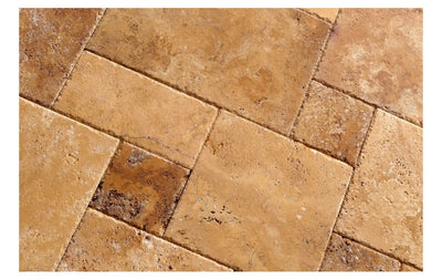 Gold Travertine French Pattern Tile (Versailles), Brushed & Chiseled & Unfilled