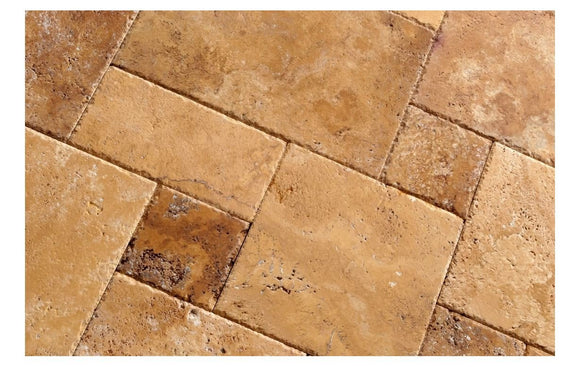 Gold (Yellow) Travertine Versailles Pattern Field Tiles, Unfilled & Brushed & Chiseled (Lot of 72 Sq. Ft. (9 Bundles)) - Tilefornia