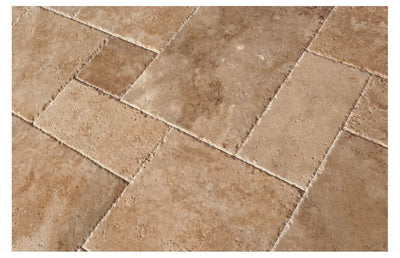 Walnut Travertine Roman Pattern Tile, Brushed & Chiseled & Unfilled