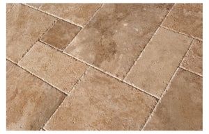 Walnut Travertine Roman / MIDI Versailles Pattern Tiles, Unfilled / Brushed & Chiseled (Small Sample) - Tilefornia