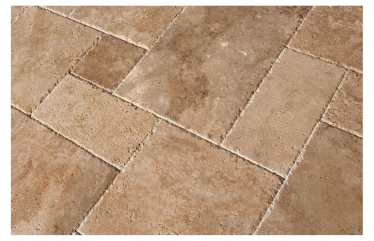 Walnut Travertine Roman / MIDI Versailles Pattern Tiles, Unfilled / Brushed & Chiseled (Lot of 135 Sq. Ft. (15 Bundles)) - Tilefornia