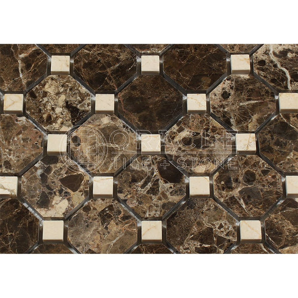 Emperador Dark Spanish Marble Octagon Mosaic Tile with Crema Marfil Marble Dots, Polished - Tilefornia