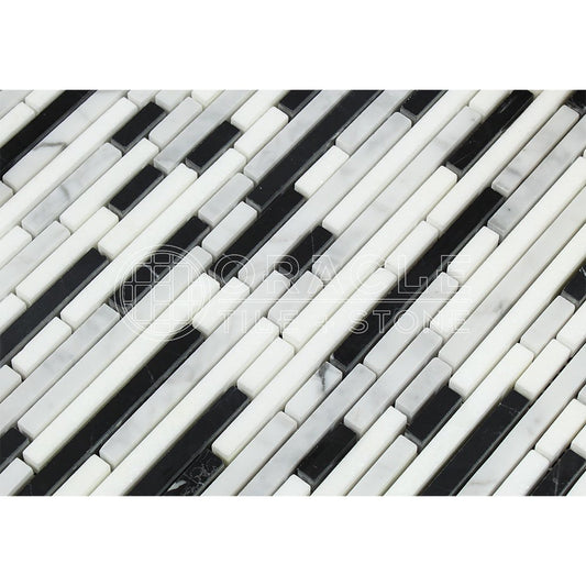 Carrara White Italian (Bianco Carrara) Marble Tricolor (Carrara + Thassos + Black Marble) Bamboo Sticks Mosaic Tile Mosaic, Honed - Tilefornia